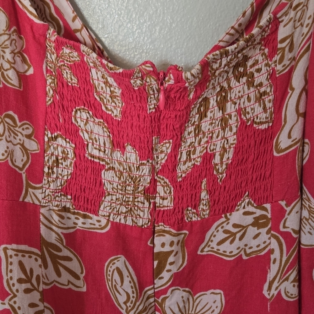 Every | Bright Pink With Brown Floral Print Linen Blend Maxi Dress Size Large - Picture 4 of 9